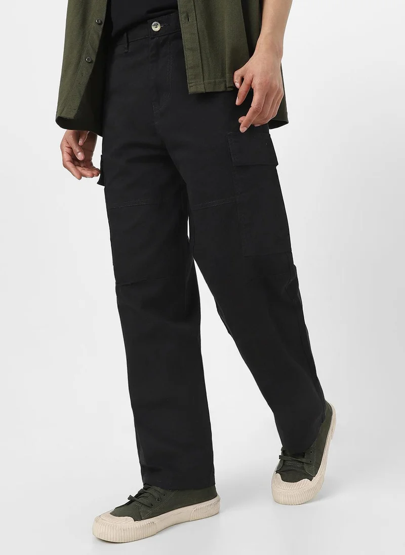 Urbano Fashion Urbano Fashion Men's Black Loose Baggy Fit Solid Cargo Chino Pant with 6 Pockets Non-Stretchable